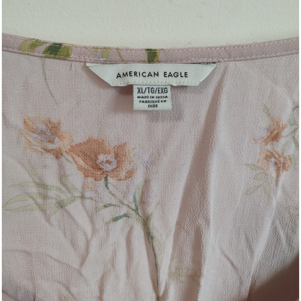 American Eagle Pink Floral Babydoll Top XL Long Sleeve V-Neck Smocked Blouse - Picture 4 of 10